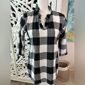Haley and The Hound Black White Grey Buffalo Plaid Top 3/4 Sleeve Size S